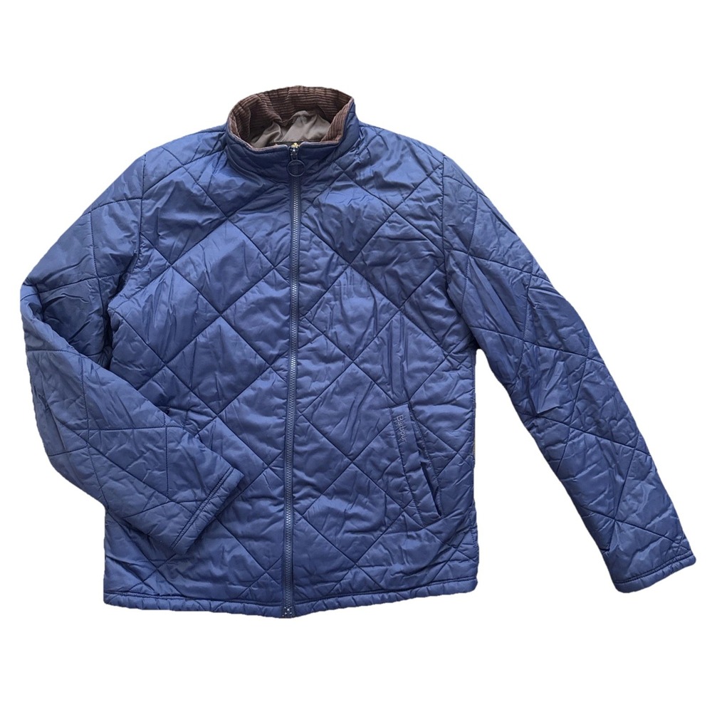 Barbour Hoxun Quilted Jacket Men Medium Blue Corduroy Collar Snap Front